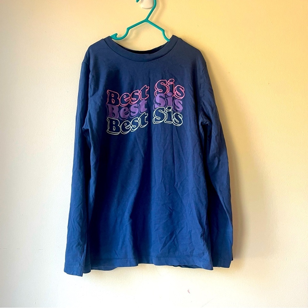 🌼 5/$25 Joe Fresh Kids XL 14 Long Sleeve Tee Best Sis Graphic Shirt Navy Blue